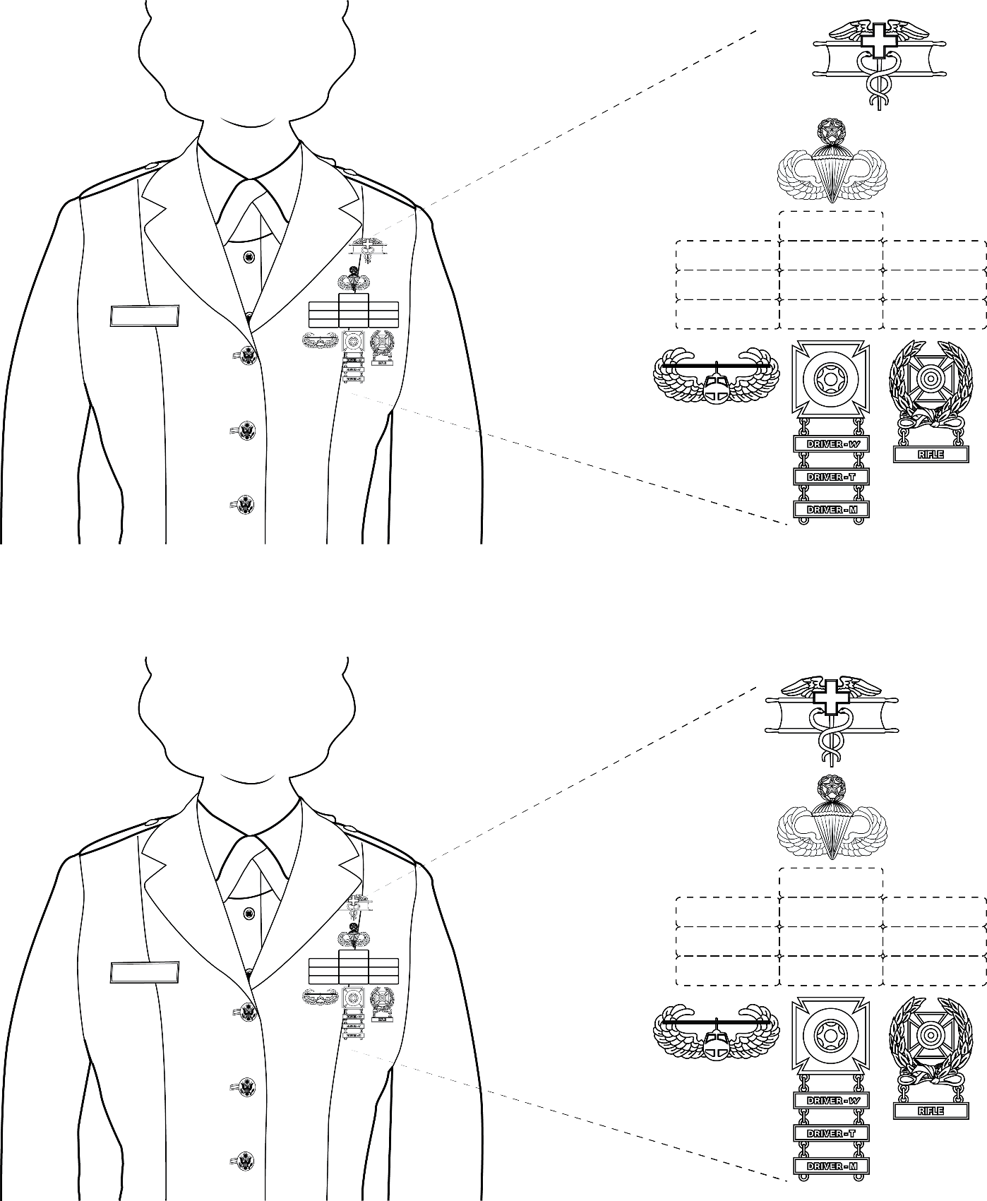 Figure 22-60 from DA PAM 670-1: Wearing five badges on the Army service uniform, female, variations