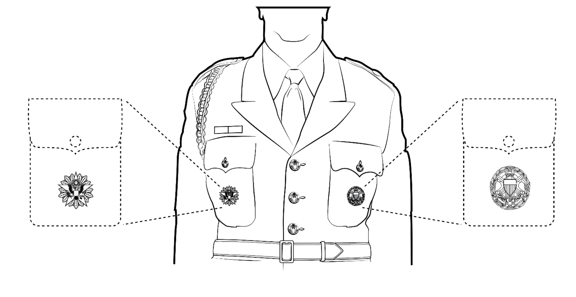 Wearing identification badges on the Army green service uniform coat, male